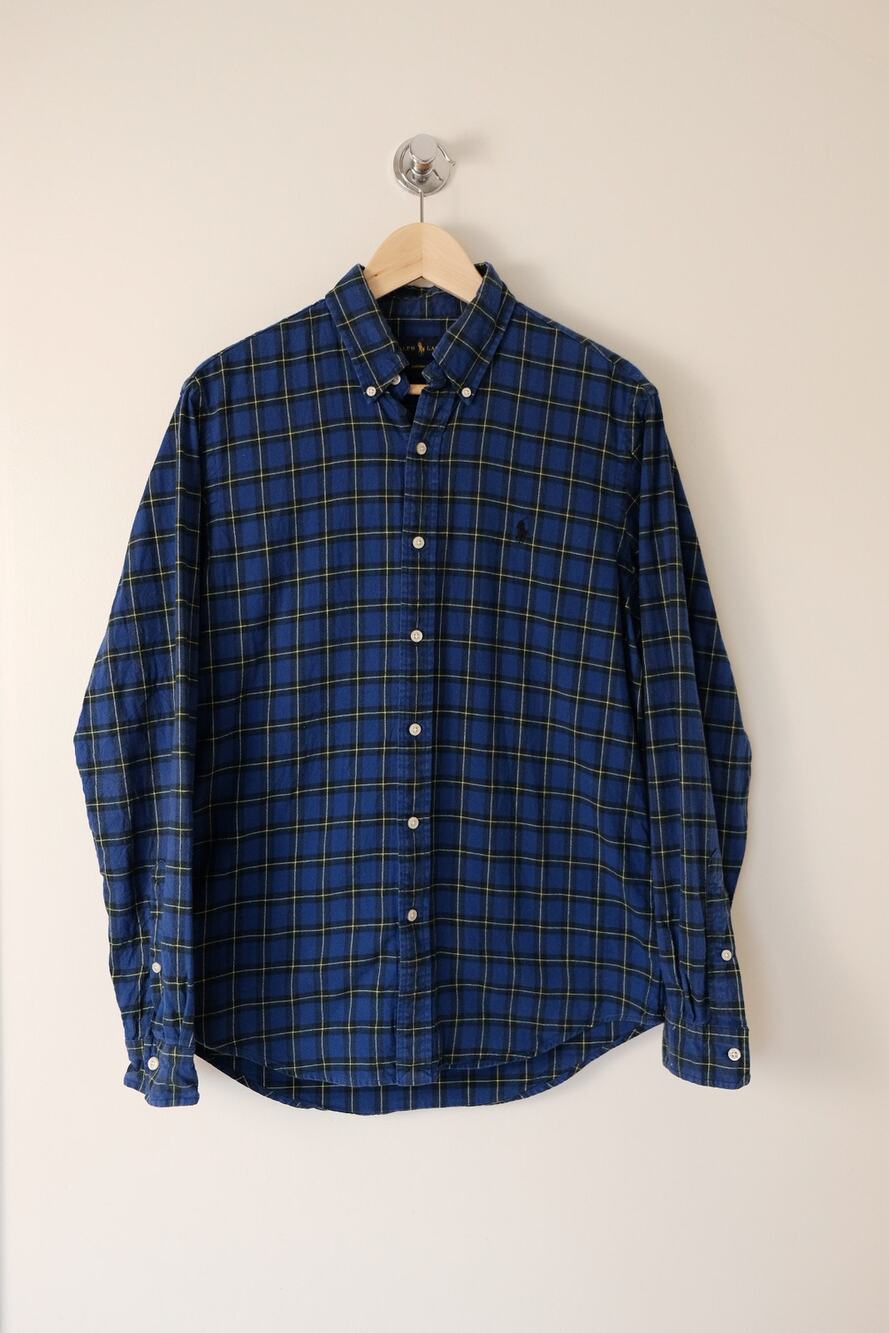 Ralph Lauren Custom Fit Plaid Flannel Shirt Men's M Blue Black Tartan Cotton